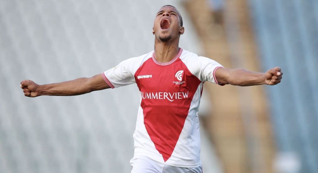 Cape Town Spurs forward Ashley Cupido celebrating a goal