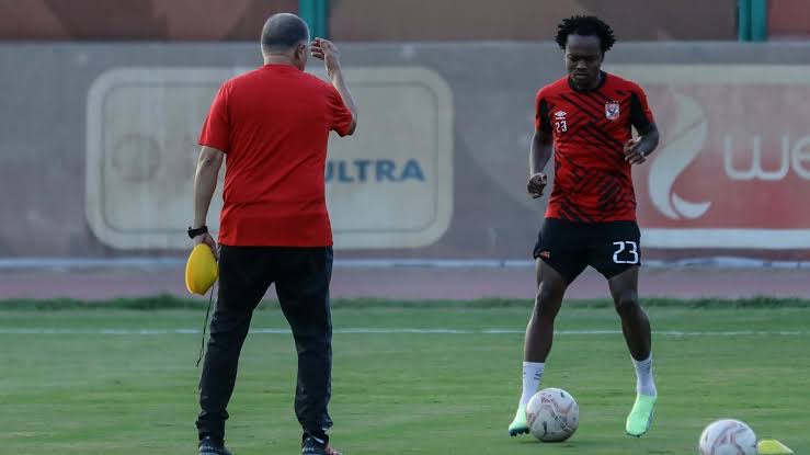 Percy Tau training under the watchful eye of Ahly coach Marcel Koller