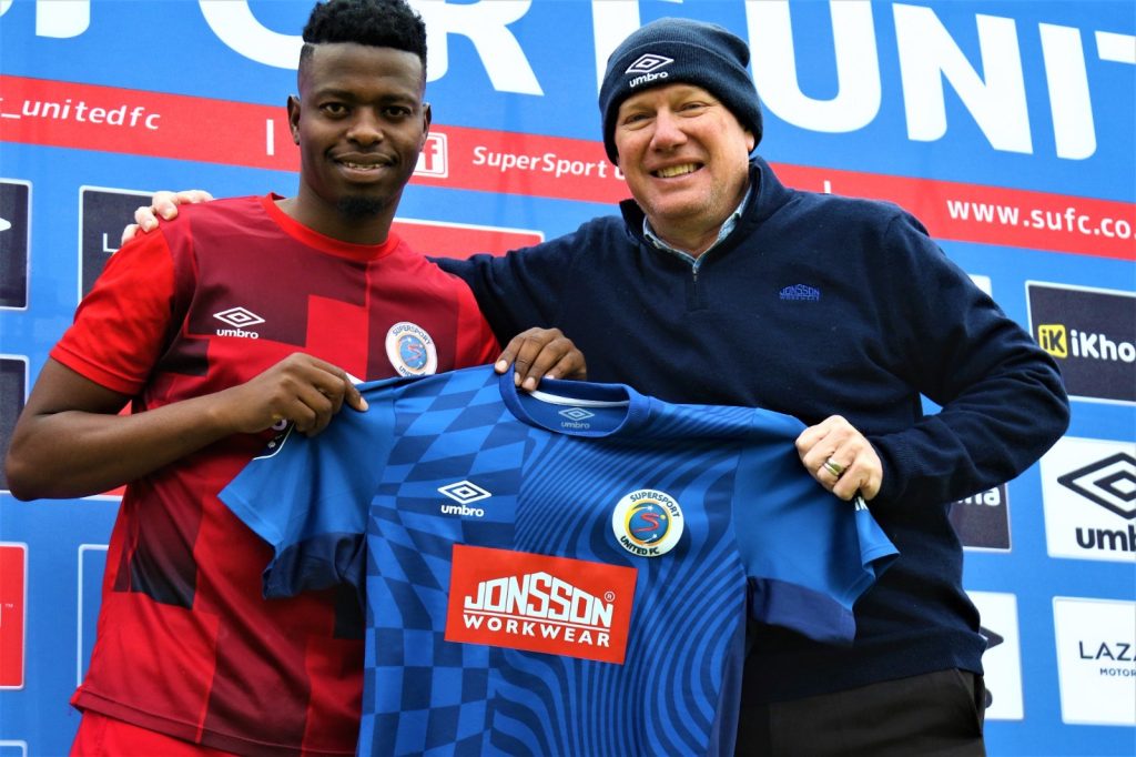 Nange being unveiled by SuperSport UNITED CEO Stan Matthews