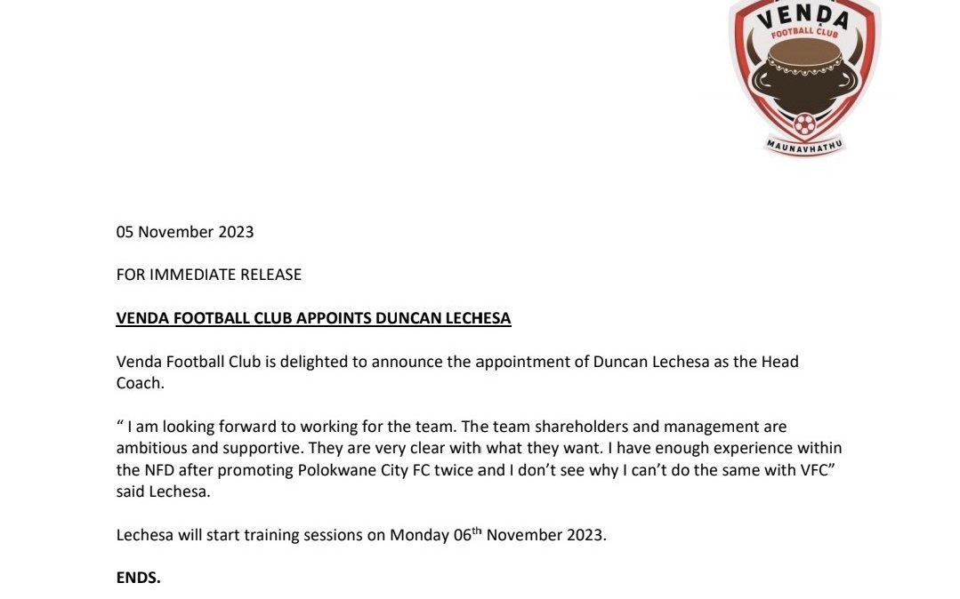 Venda Football Club new coach statement