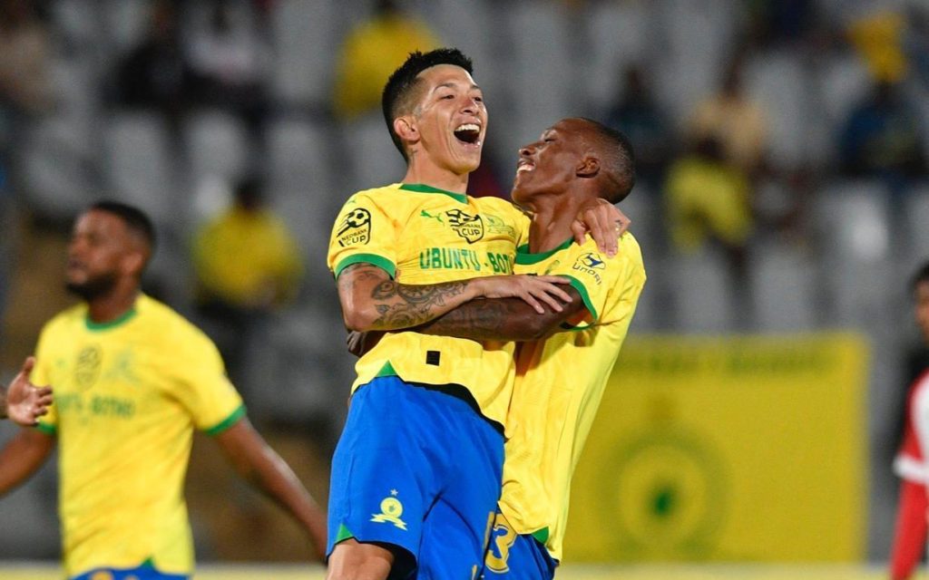 Divine Lunga celebrating with Matias Esquivel after their 6-1 win over La Masia nedbank cup upsets