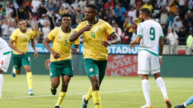 Teboho Mokoena celebrating a goal for a Bafana Bafana