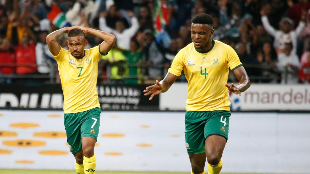 Teboho Mokoena celebrating a goal for a Bafana Bafana