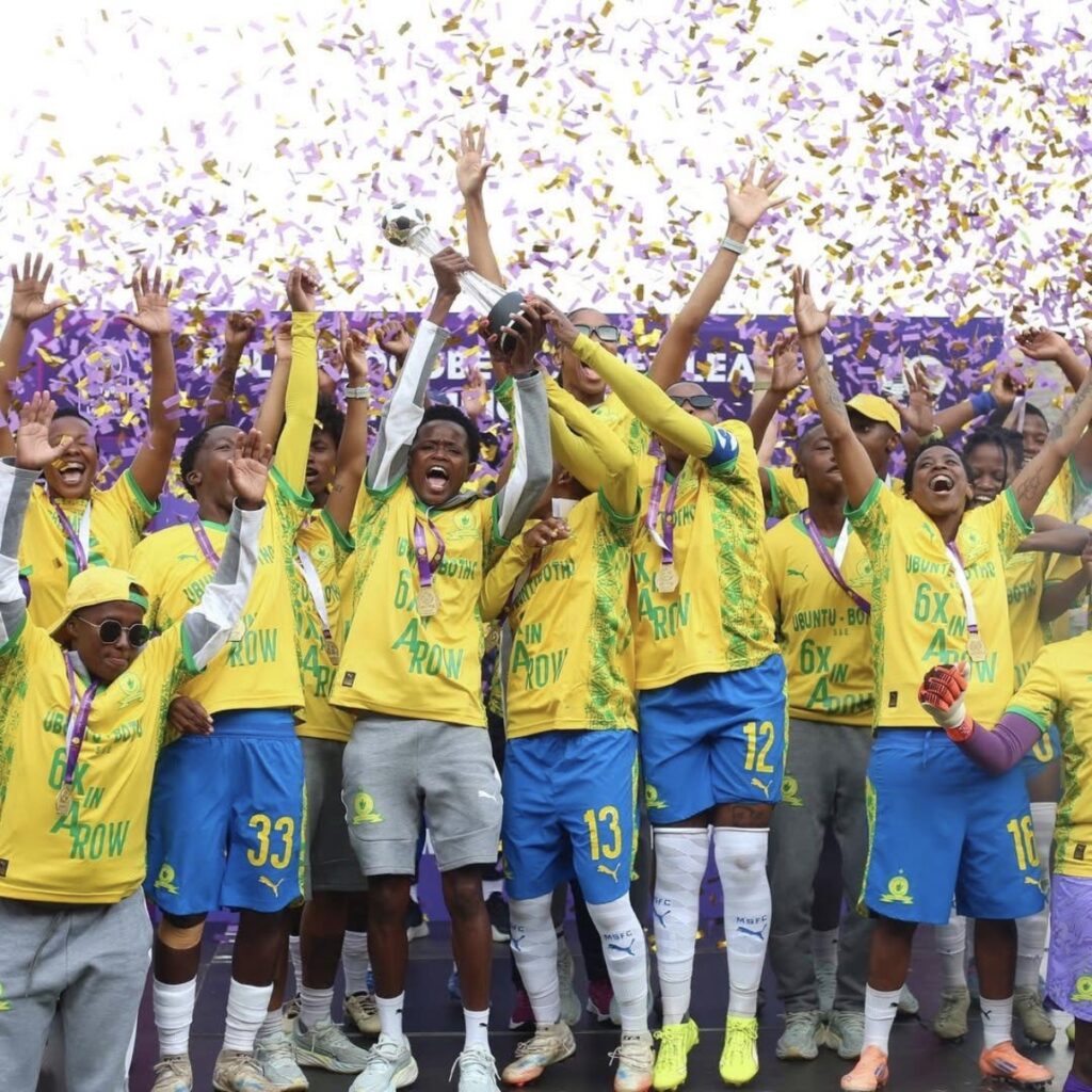 Mamelodi Sundowns Ladies celebrating winning the Hollywoodbets Super League title
